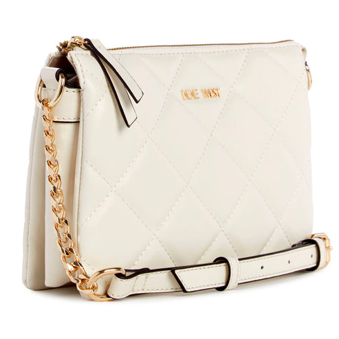 White quilted crossbody bag with gold chain strap and logo.