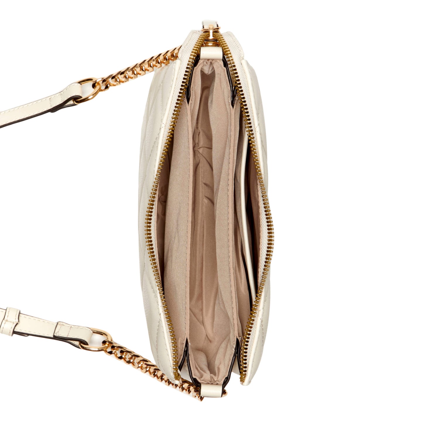 White quilted purse open to show layered inner compartments and gold chain strap.