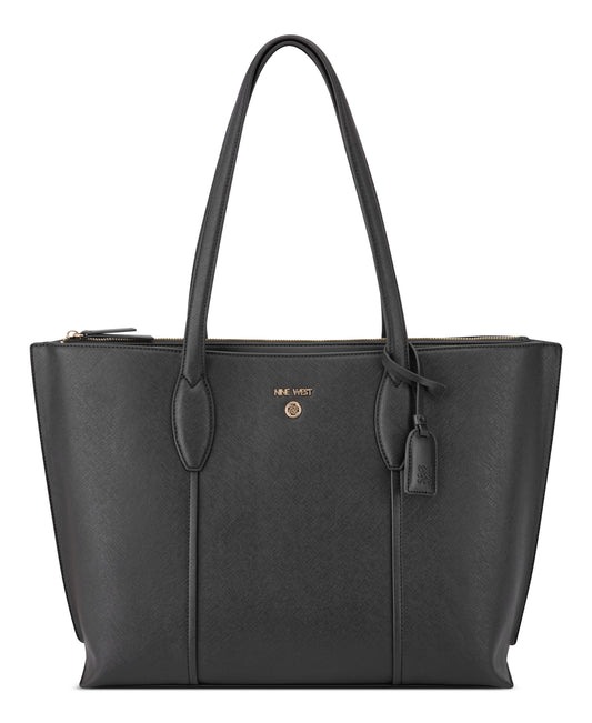 Black tote bag with two shoulder straps and a tag.
