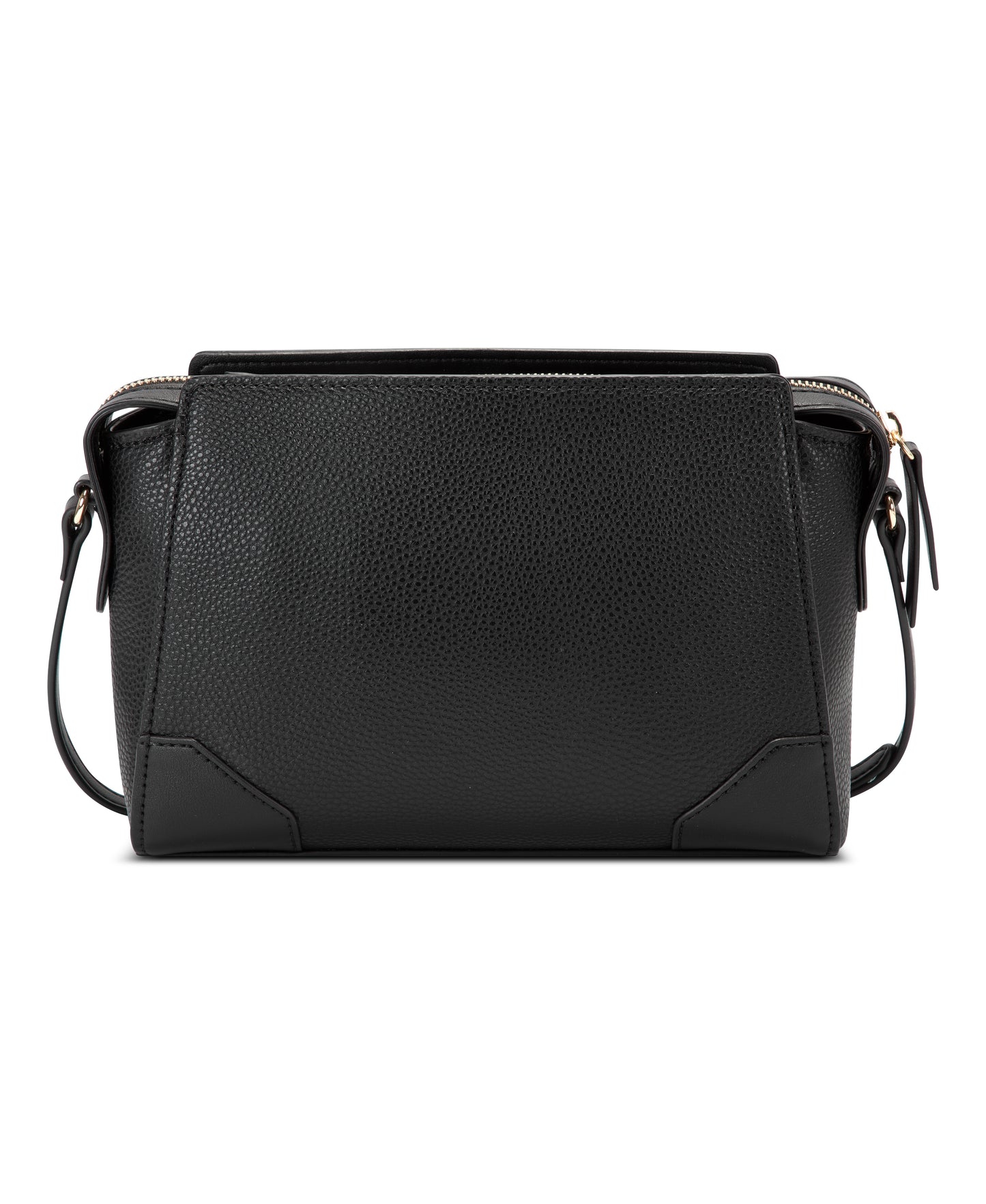 Black rectangular cross body bag with top handle and gold zippers.