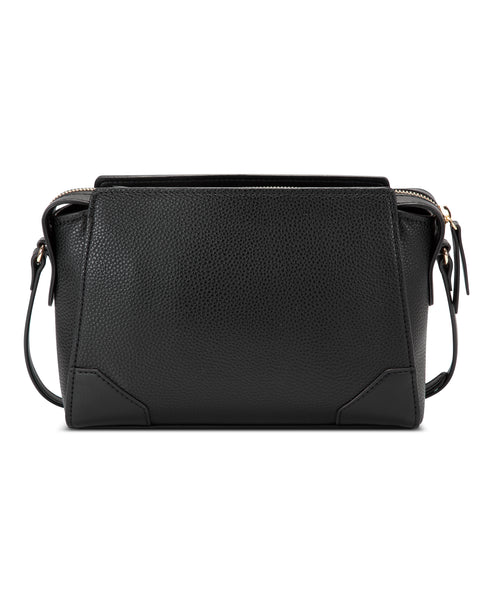Black rectangular cross body bag with top handle and gold zippers.
