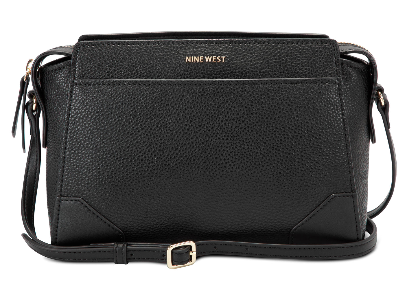 Black faux-leather cross-body bag with adjustable shoulder strap and gold-tone hardware; 'NINE WEST' logo embossed.