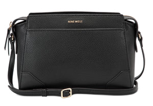 Black faux-leather cross-body bag with adjustable shoulder strap and gold-tone hardware; 'NINE WEST' logo embossed.