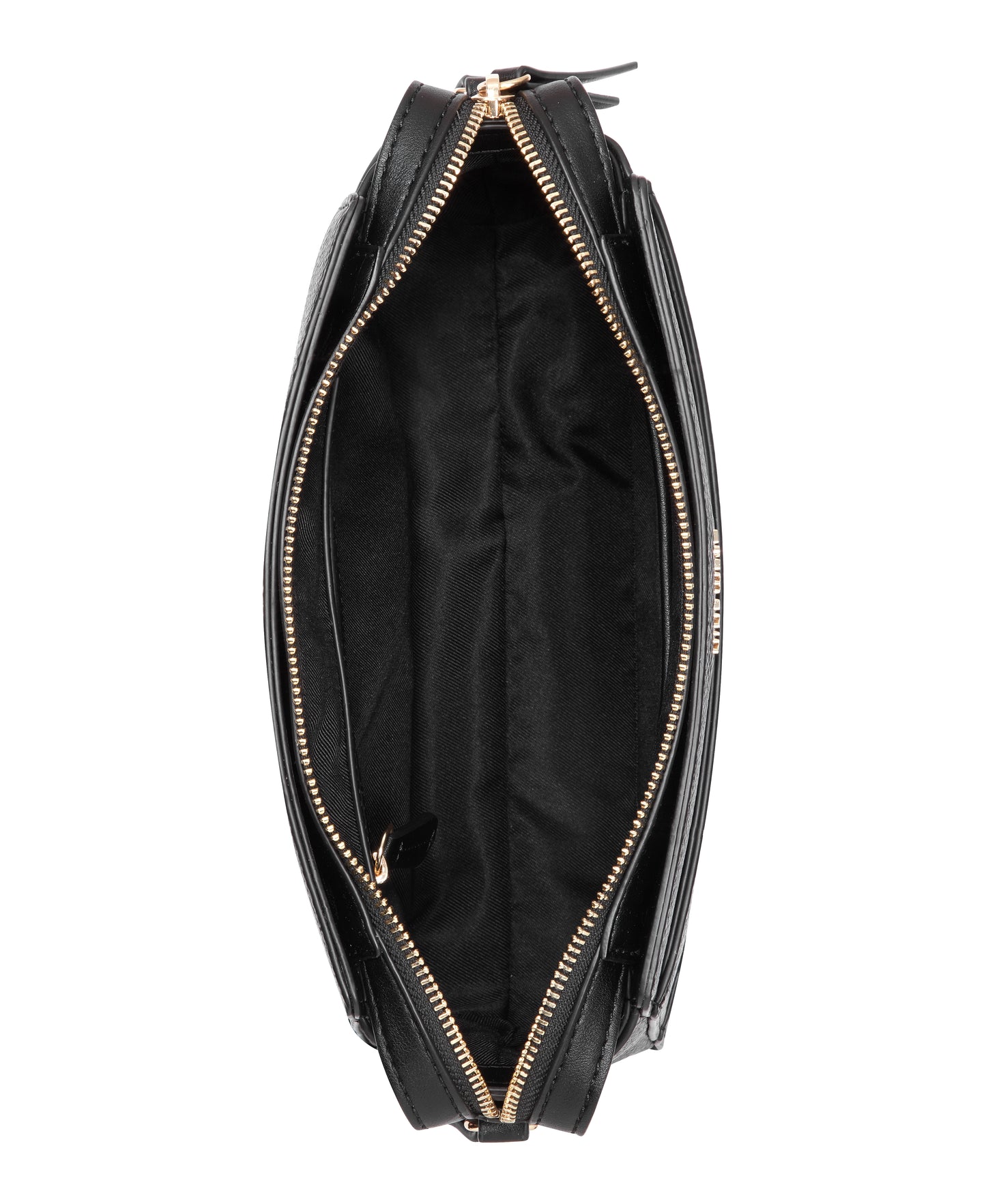 Open, rectangular black bag with gold zipper, black interior.