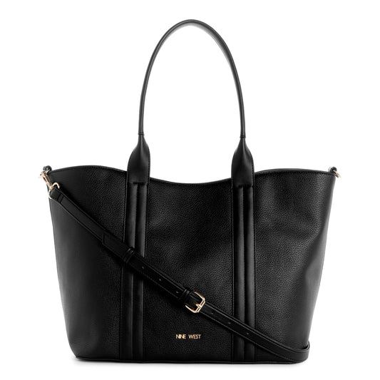 Black shoulder bag with long handles and a crossbody strap featuring a buckle and visible "NINE WEST" text.