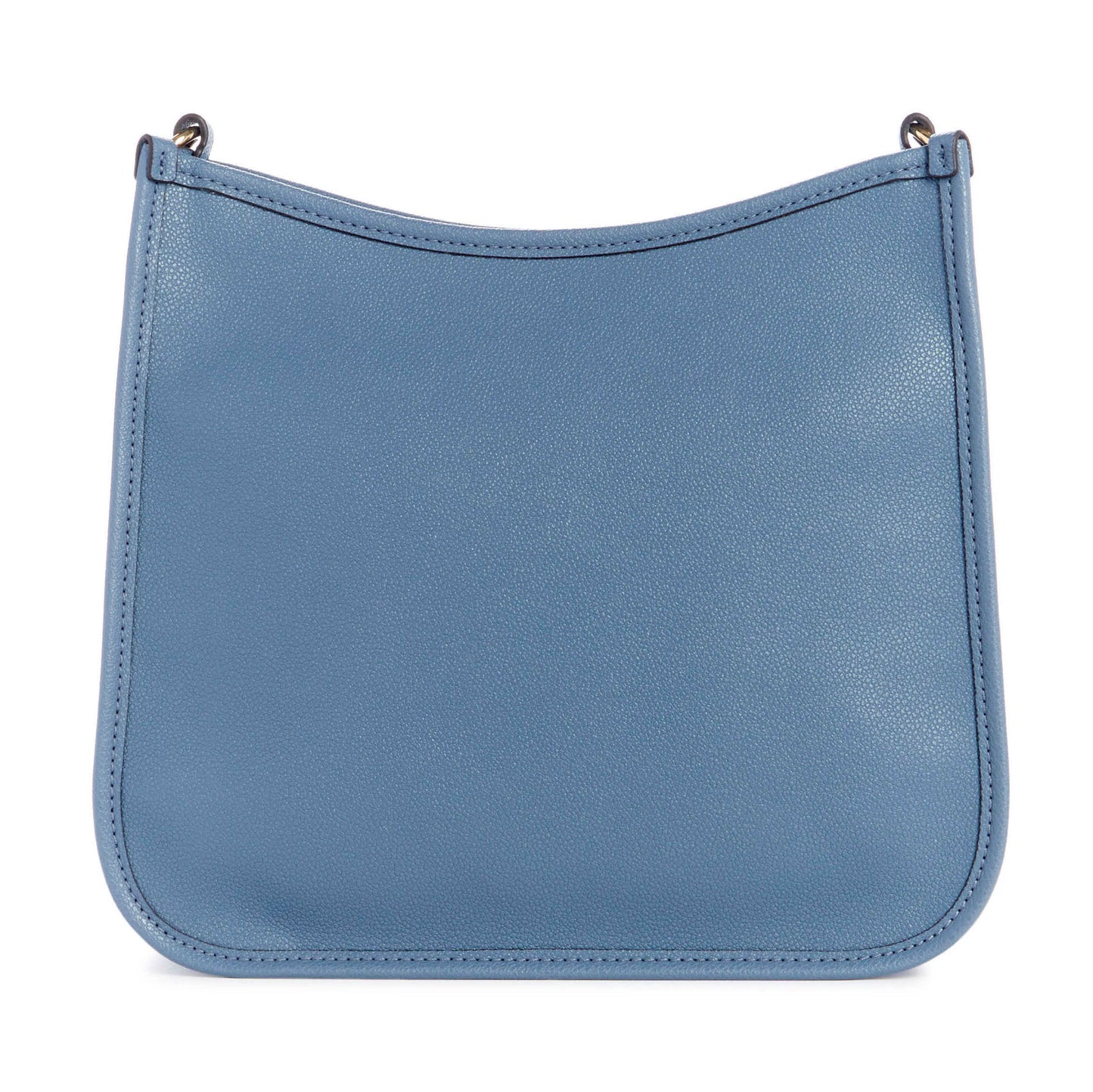 Blue leather shoulder bag with black top stitching.