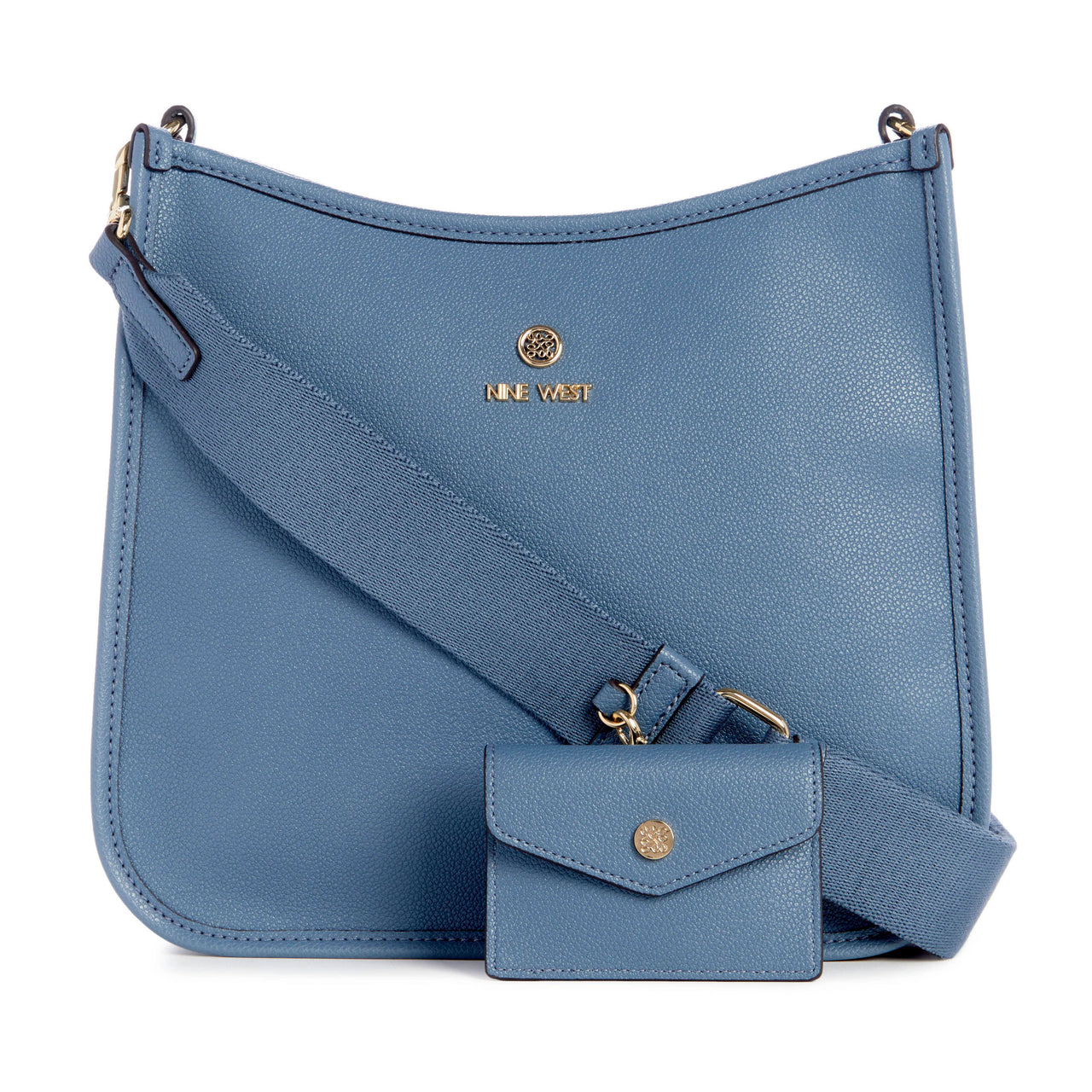 Blue crossbody bag with wide strap and matching coin purse, gold logo at the top center.