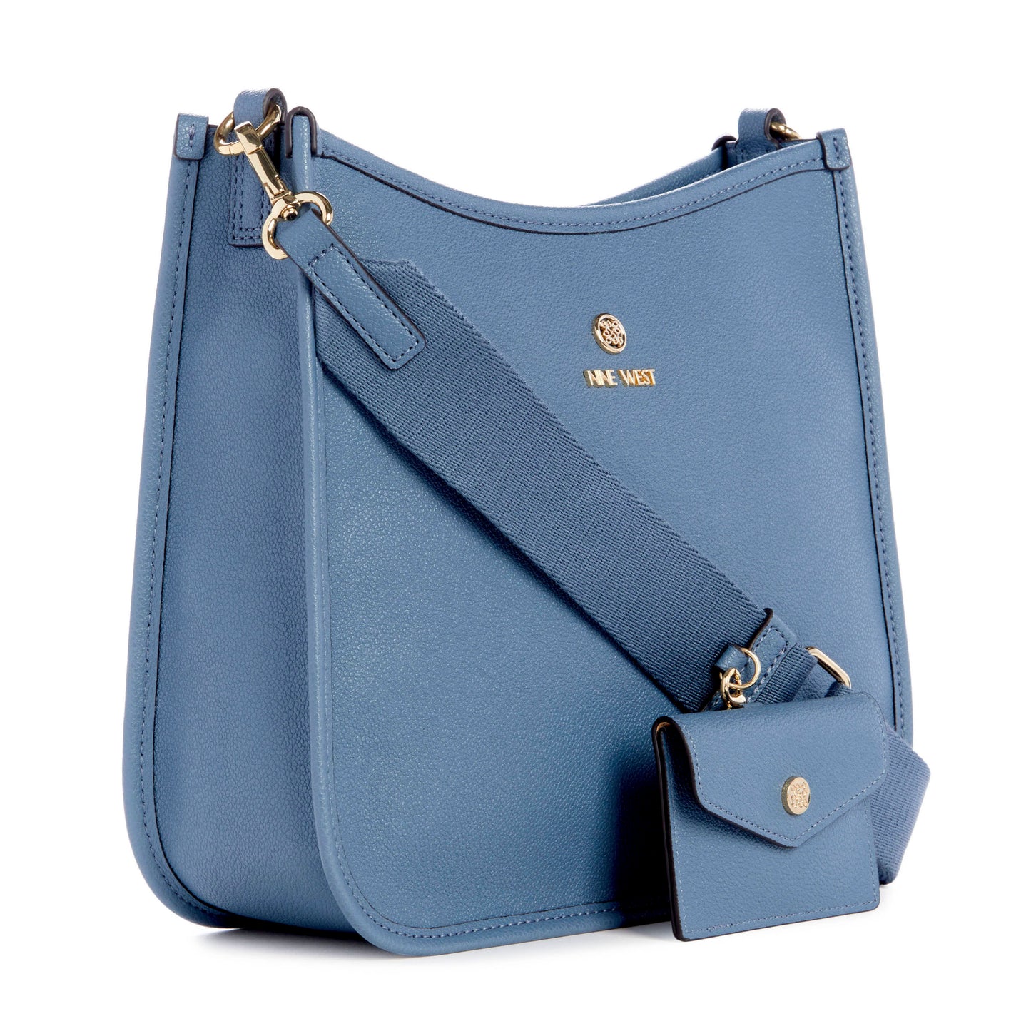 Blue purse with matching wallet and wide strap showing logo on purse.