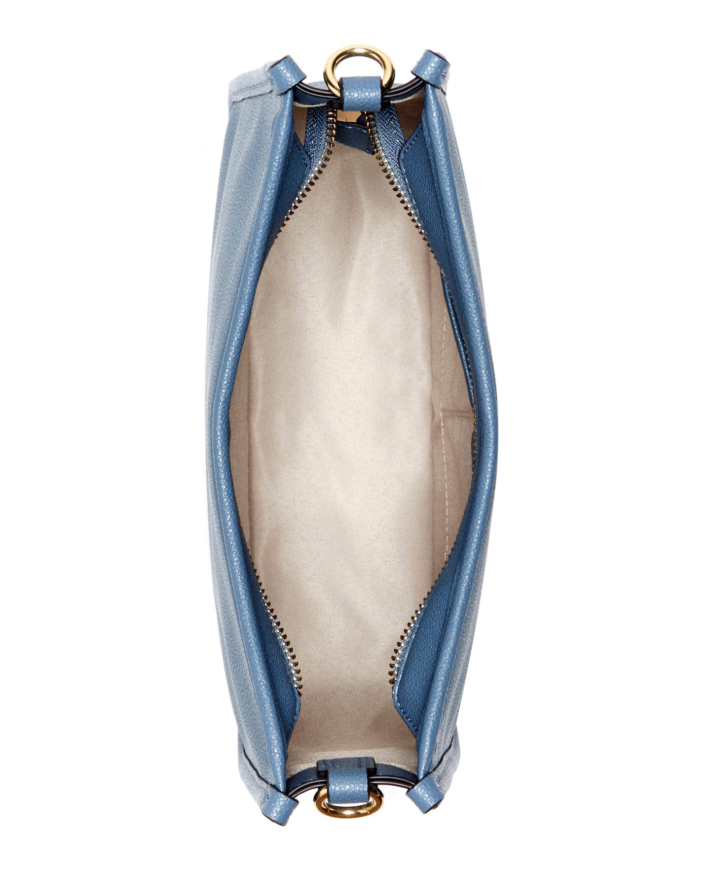 Open blue purse with an unzipped zipper.