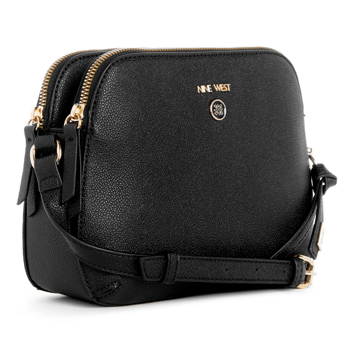 Black purse with gold zippers and "NINE WEST" branding.