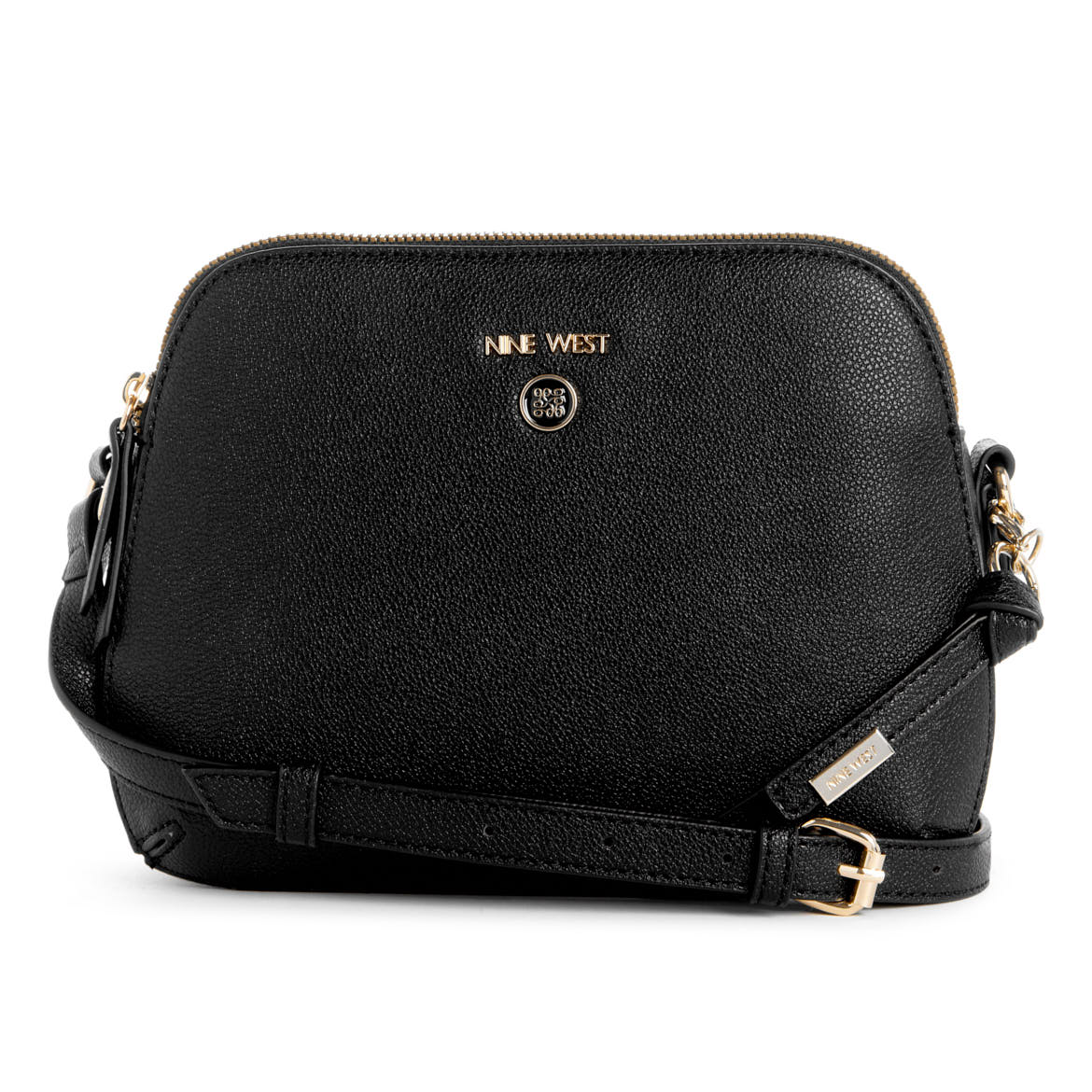 A black, faux-leather crossbody purse with gold-toned zipper, hardware, and brand emblem reading “NINE WEST”.