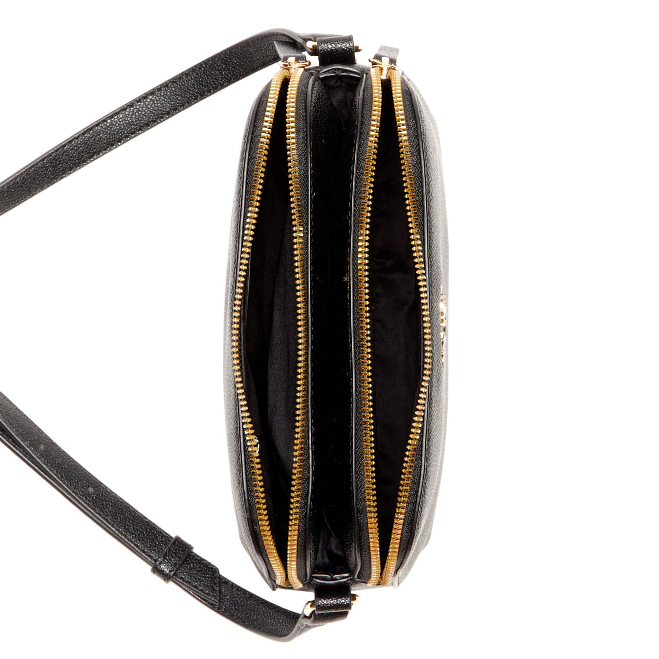 Black crossbody bag with gold zipper closures and shoulder strap, opened to show two compartments.