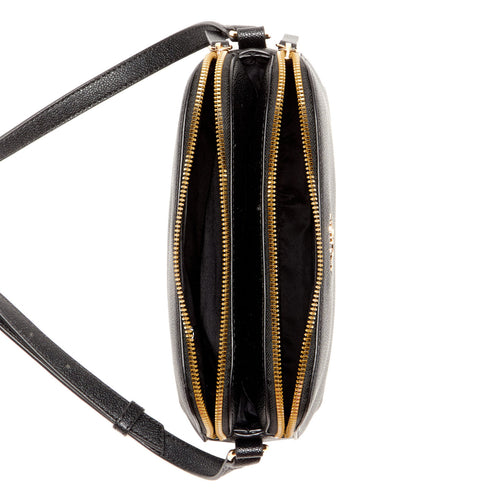 Black crossbody bag with gold zipper closures and shoulder strap, opened to show two compartments.