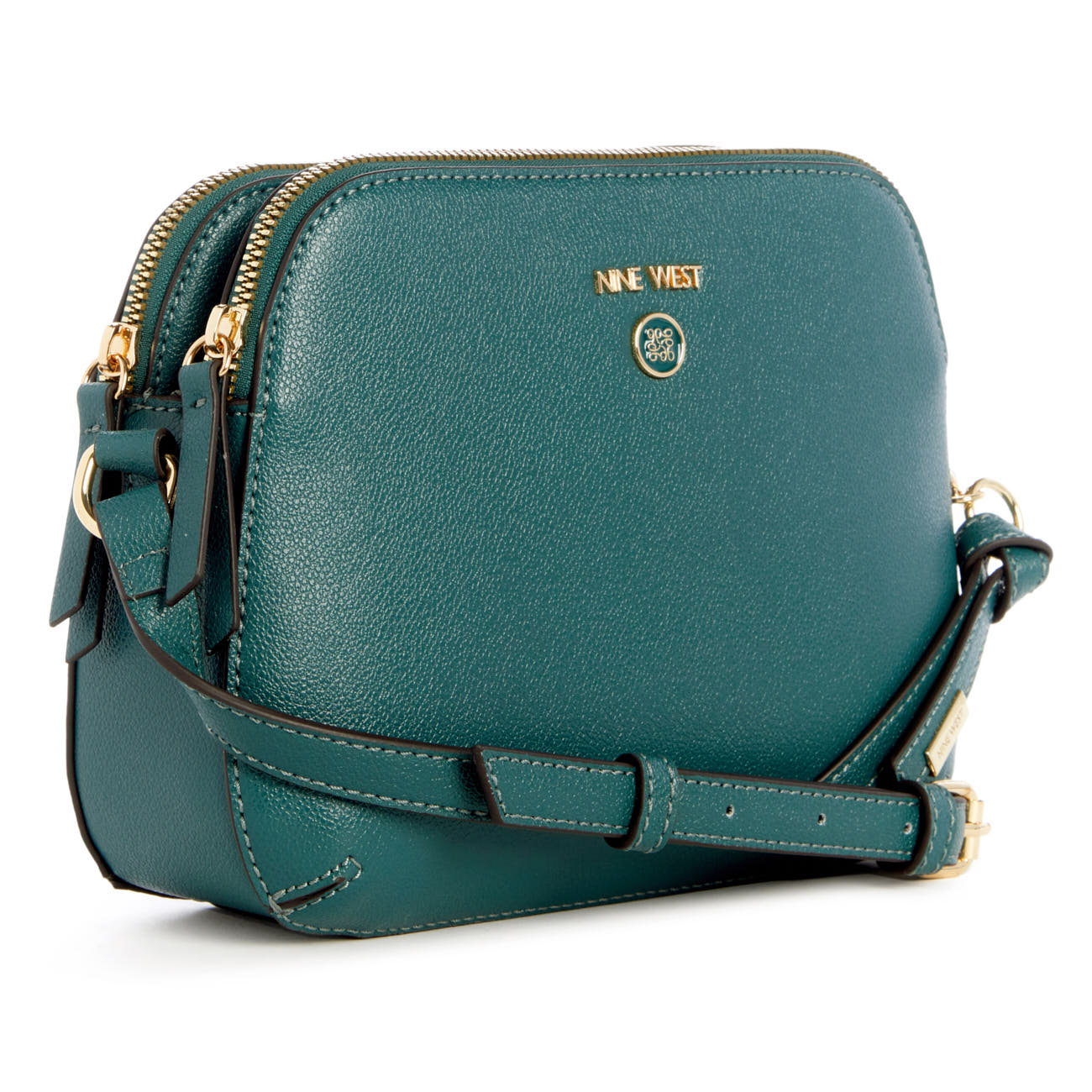 Teal crossbody bag with two zippered compartments and gold hardware, including brand emblem.