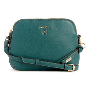 Teal purse with gold zipper and logo.