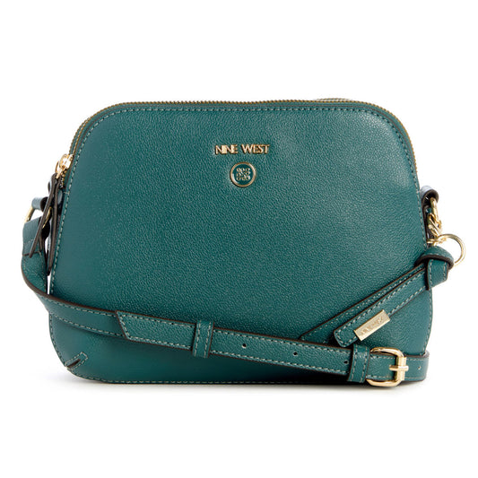 Teal purse with gold zipper and logo.