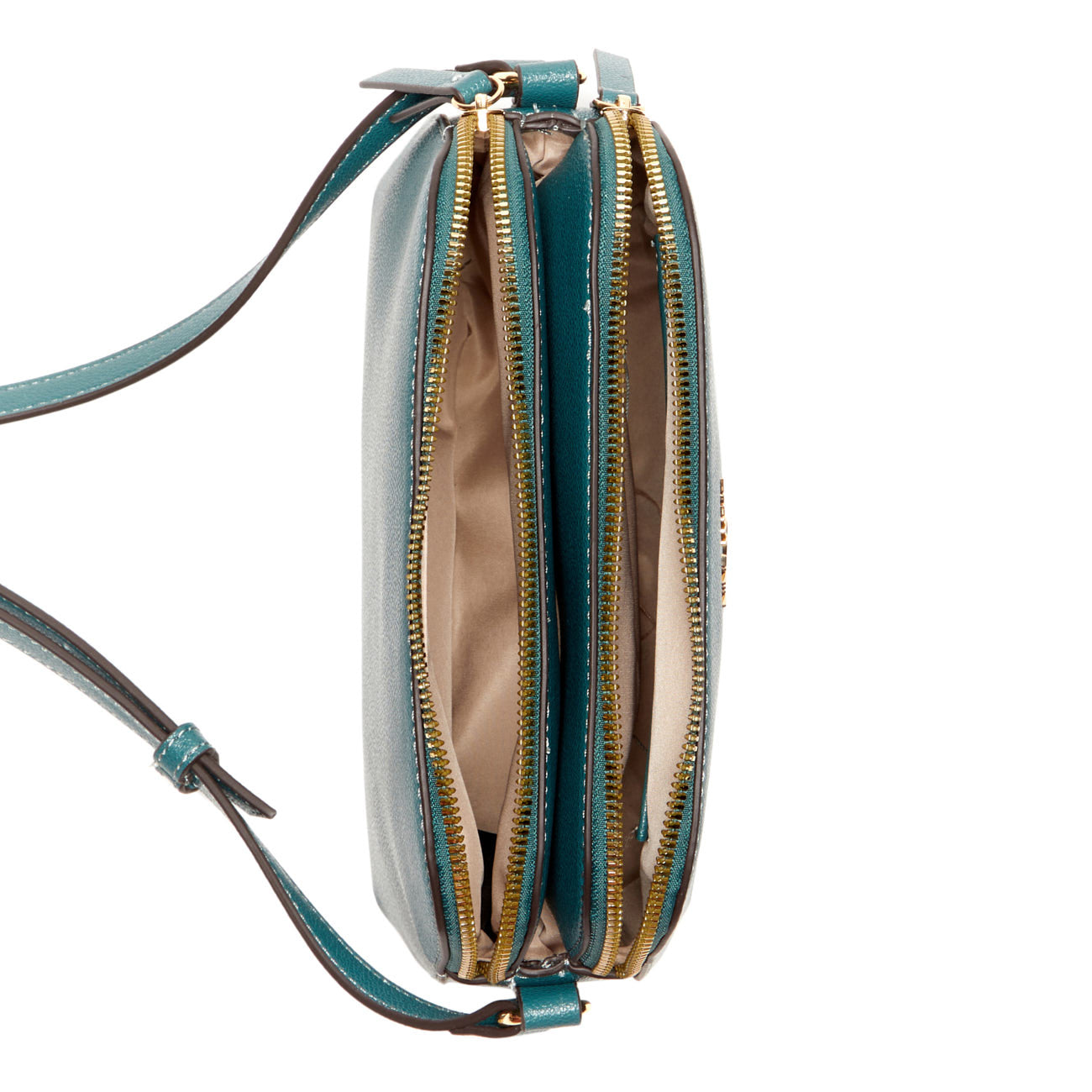 Teal crossbody bag with gold zippers and adjustable strap, open revealing beige lining.