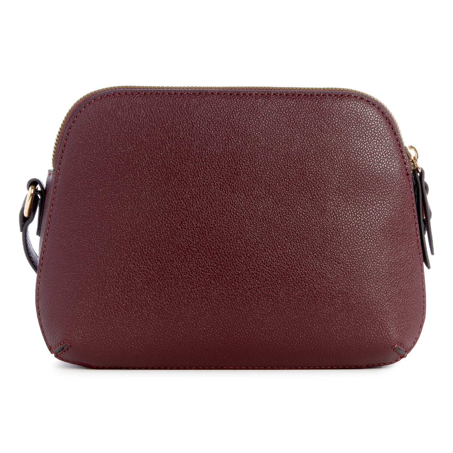 Burgundy leather crossbody bag with gold zipper.