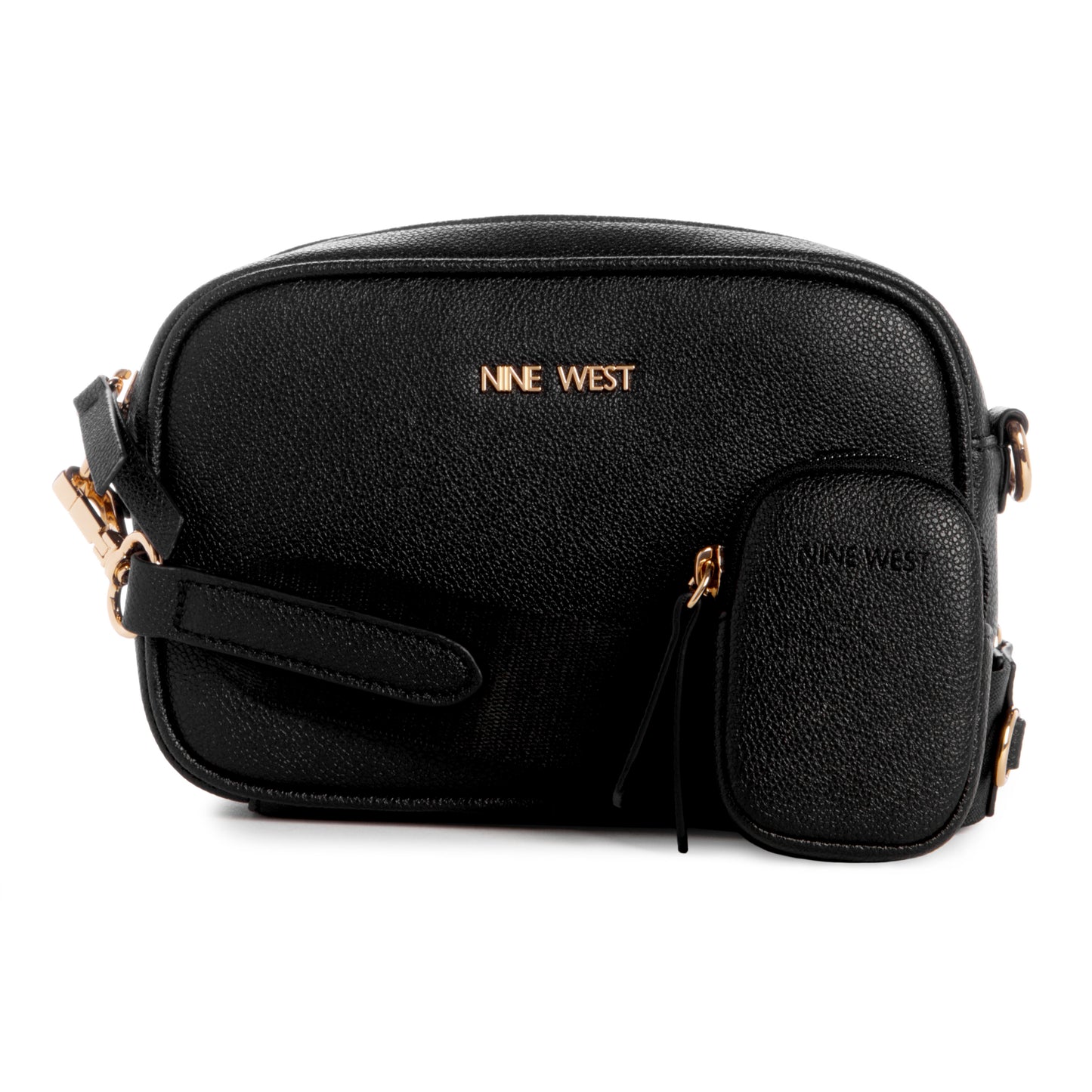 Black purse with gold text reading "NINE WEST" and small coin purse.
