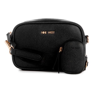 Black purse with gold text reading "NINE WEST" and small coin purse.
