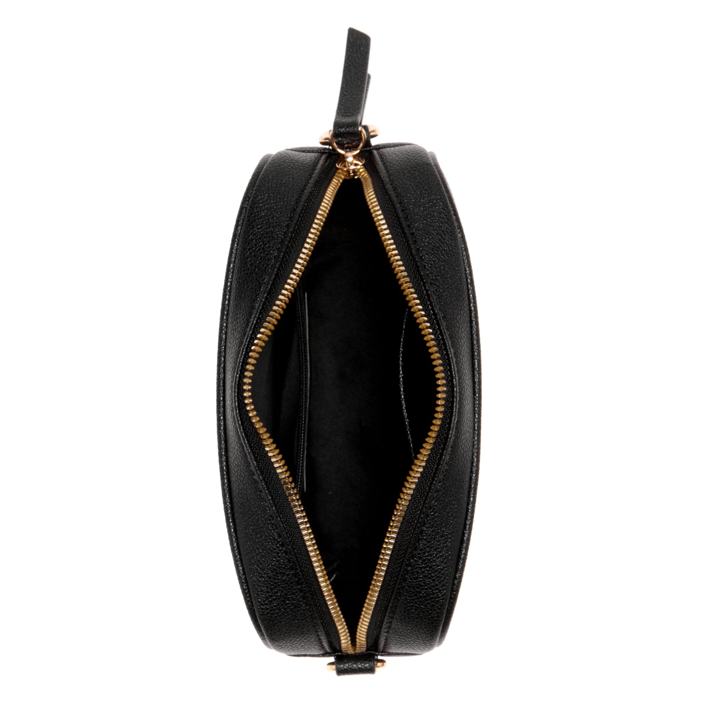 Black purse with gold zipper open, revealing the black interior.