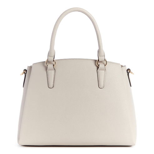 A light-colored, domed, satchel-style handbag with a rounded handle and gold hardware.