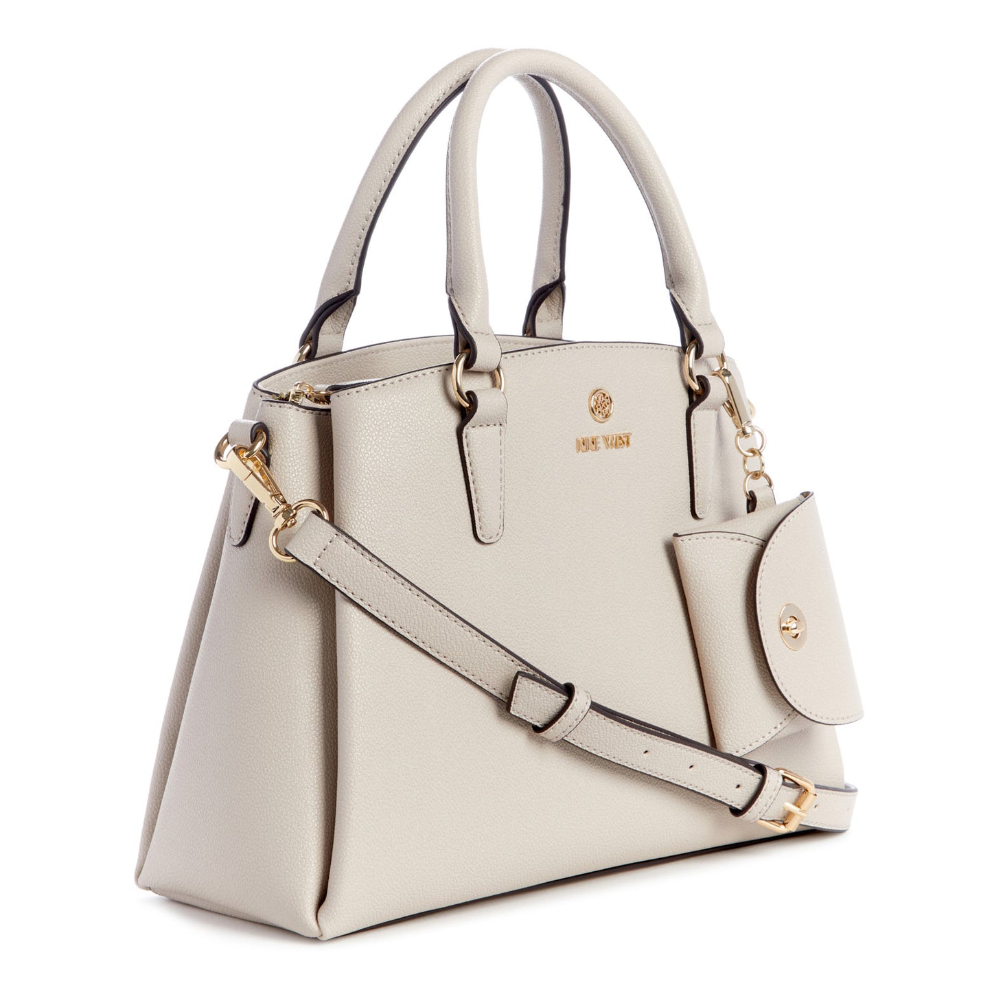 Light gray satchel handbag with top handles and shoulder strap; small coin purse hangs from handle; gold logo on center.