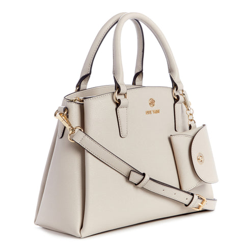 Light gray satchel handbag with top handles and shoulder strap; small coin purse hangs from handle; gold logo on center.