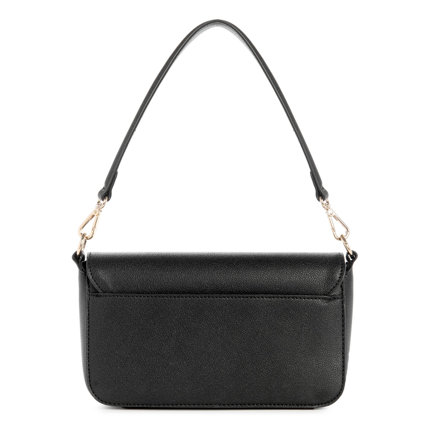 Black purse with shoulder strap, seen from behind.