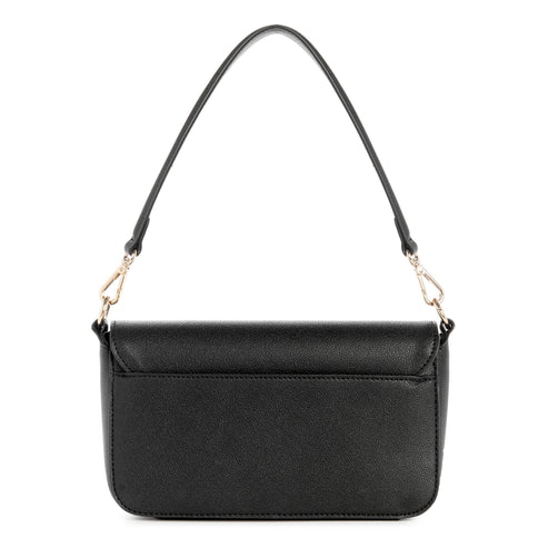 Black purse with shoulder strap, seen from behind.