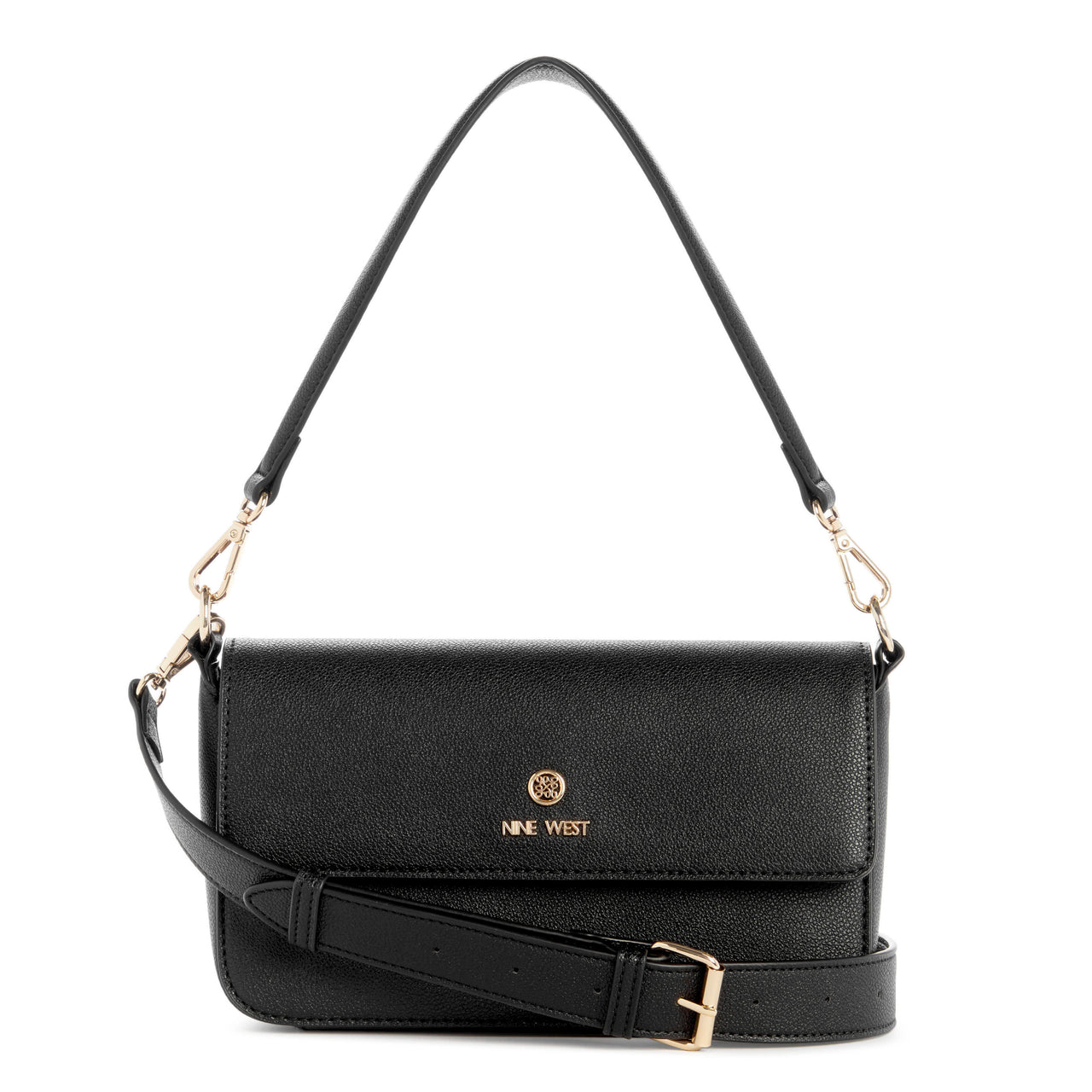Black rectangular purse with shoulder strap and crossbody strap, featuring the text "NINE WEST" and a decorative gold emblem.