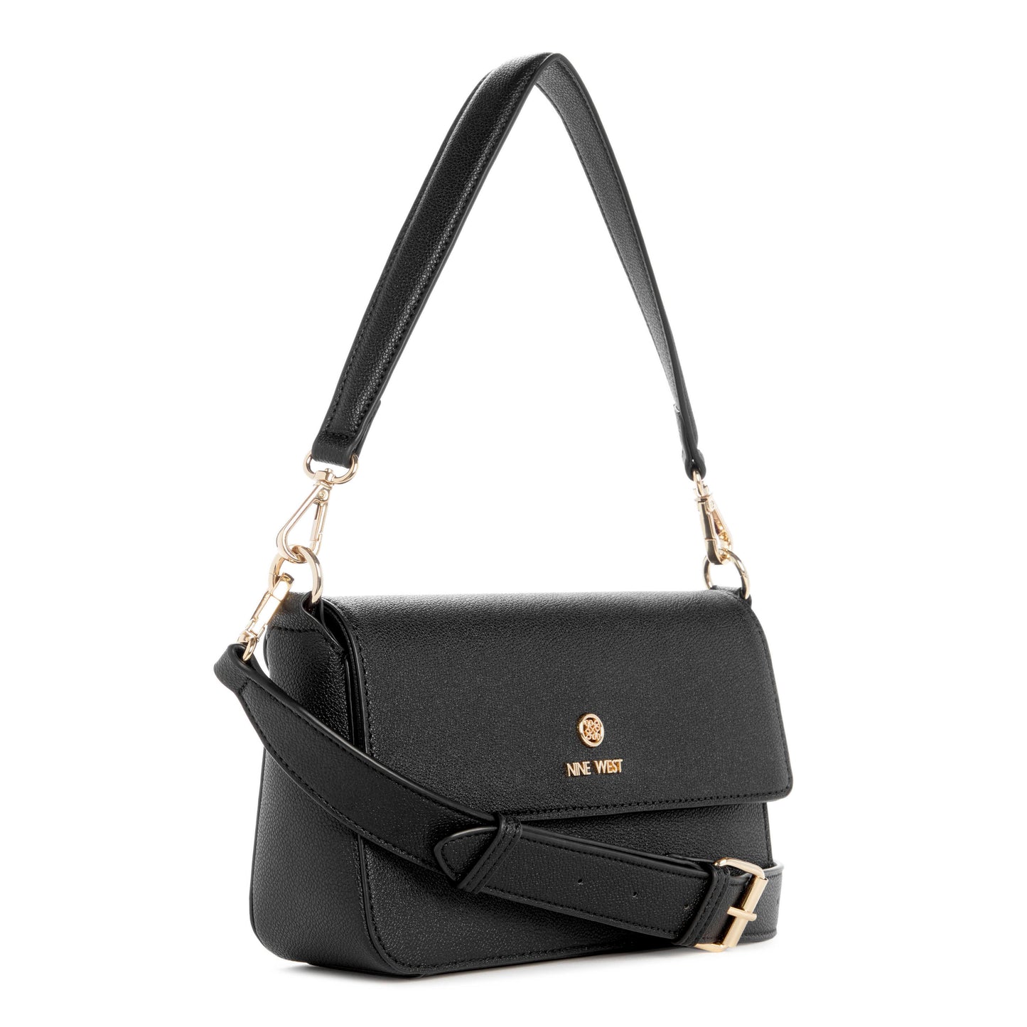 Black shoulder bag with gold hardware and the word "Nine West" in gold letters.