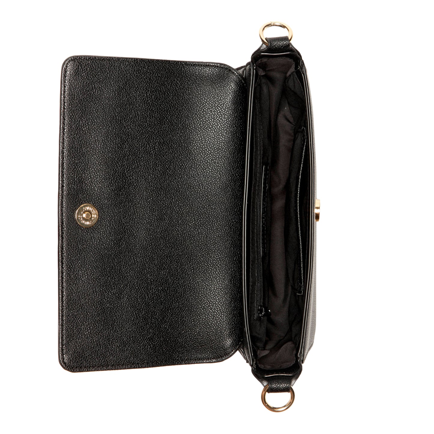 Open black crossbody bag with gold-tone hardware and flap closure.