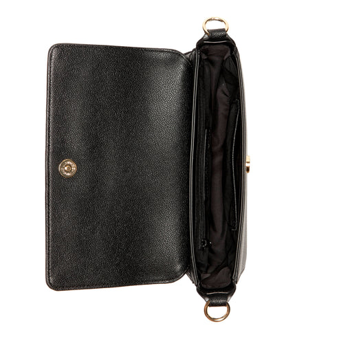 Open black crossbody bag with gold-tone hardware and flap closure.