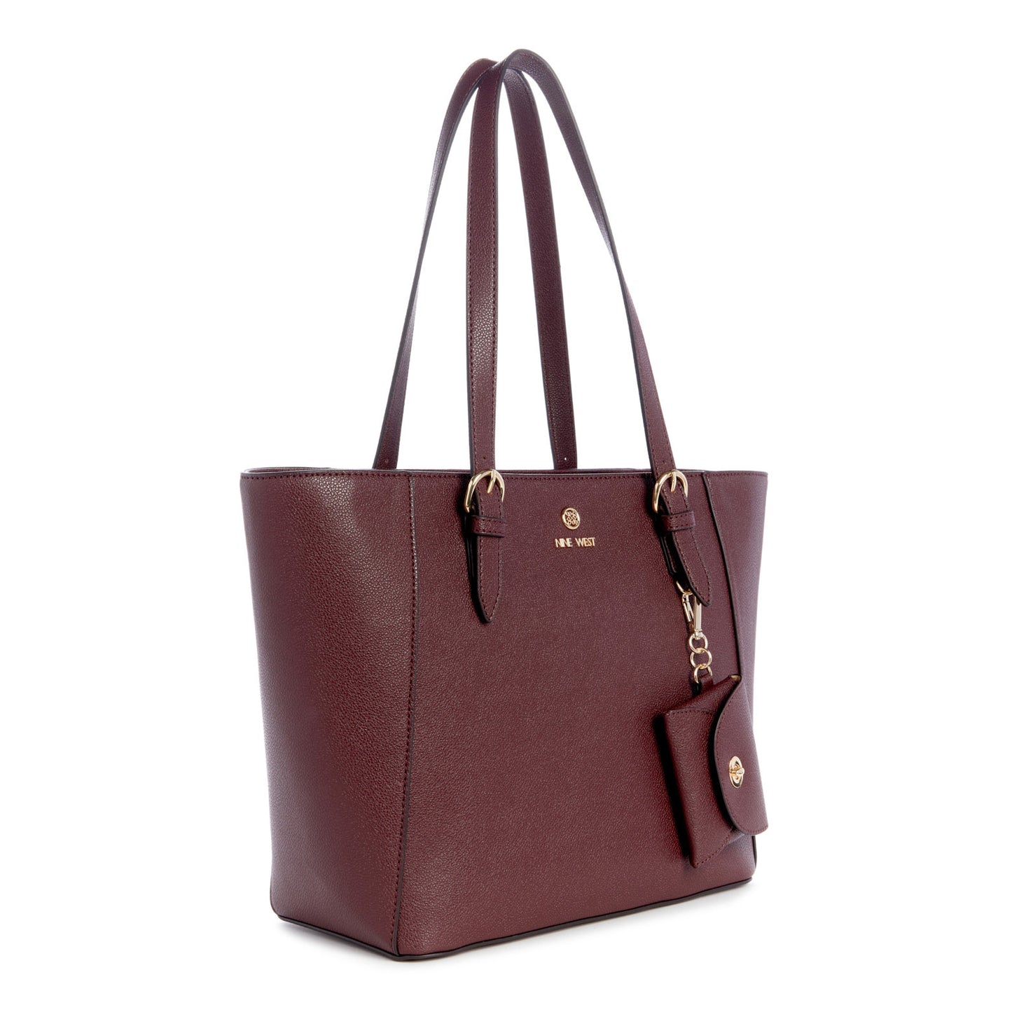 burgundy tote bag with shoulder straps and attached coin purse