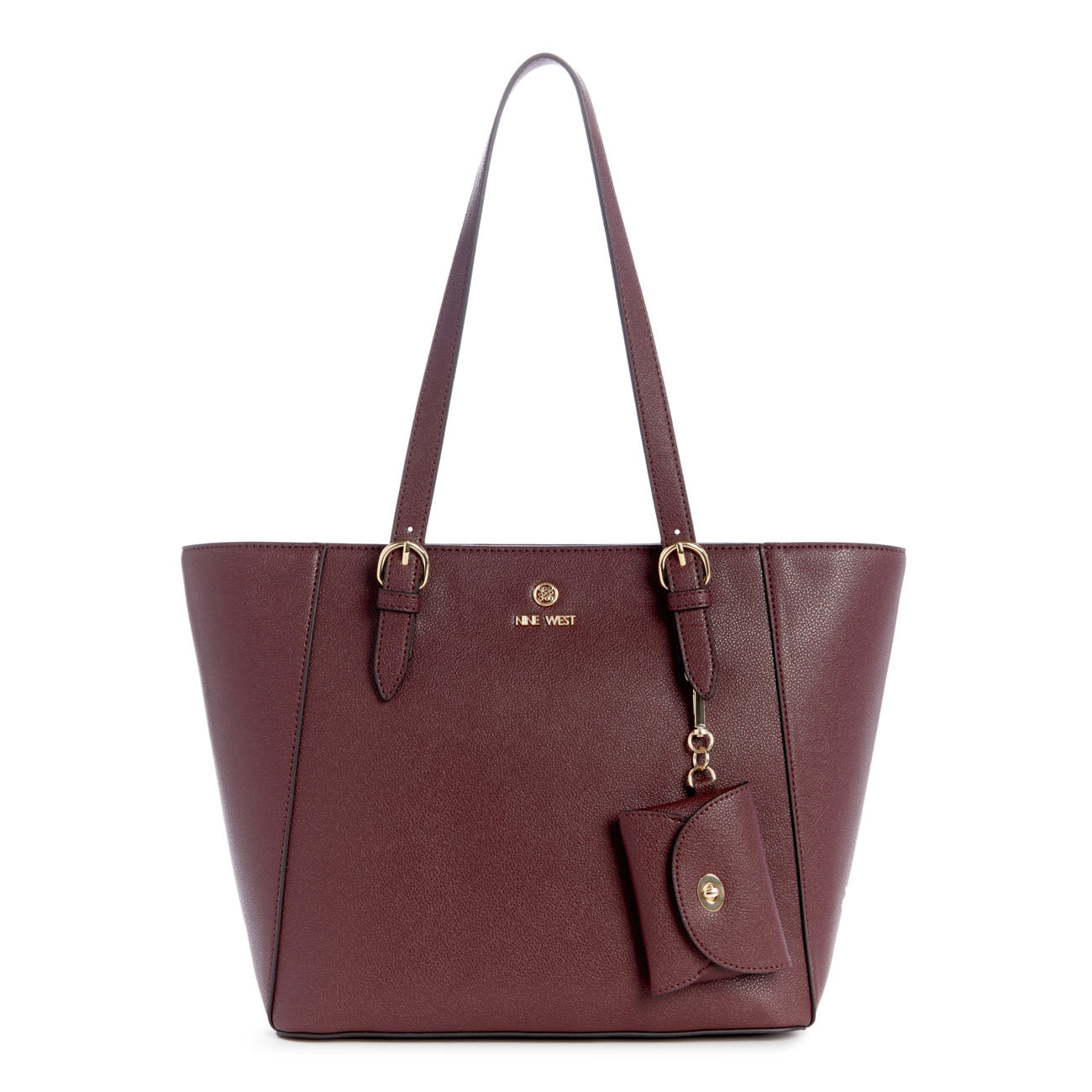 A burgundy tote bag with shoulder straps and a small coin purse attached.