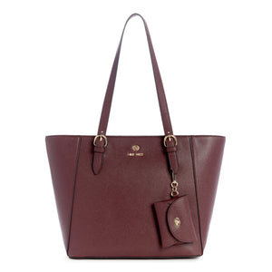 A burgundy tote bag with shoulder straps and a small coin purse attached.
