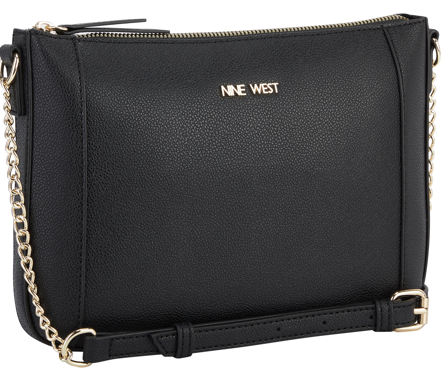 Black Nine West crossbody bag with gold chain strap.