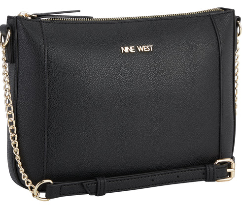 Black Nine West crossbody bag with gold chain strap.