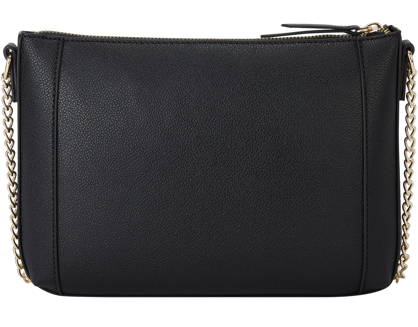 Black rectangular purse with a zipper closure and gold chain straps.