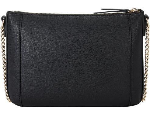 Black rectangular purse with a zipper closure and gold chain straps.