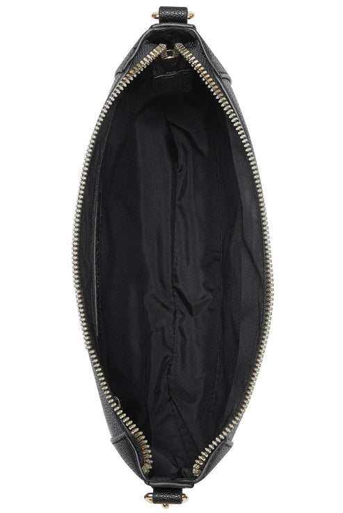 Open black crossbody bag with silver zipper.