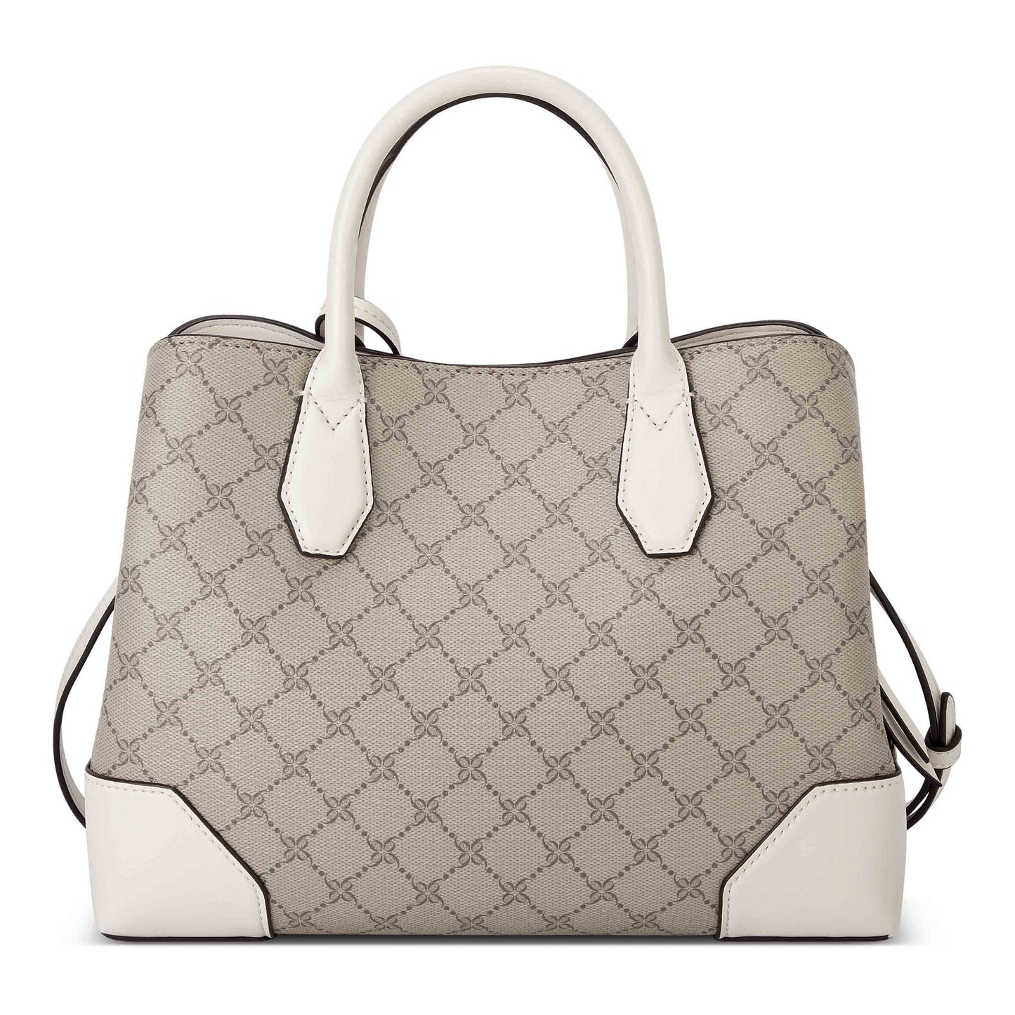 Satchel handbag with a neutral geometric pattern, short white handles and reinforced white corners.