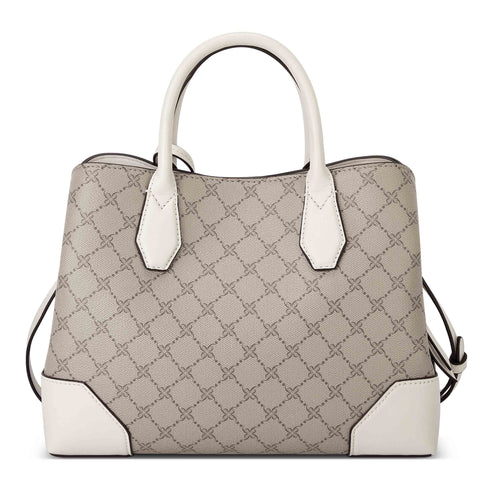 Satchel handbag with a neutral geometric pattern, short white handles and reinforced white corners.
