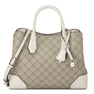 Satchel bag with a top handle, a shoulder strap, light beige pattern, white handle, and white accents.