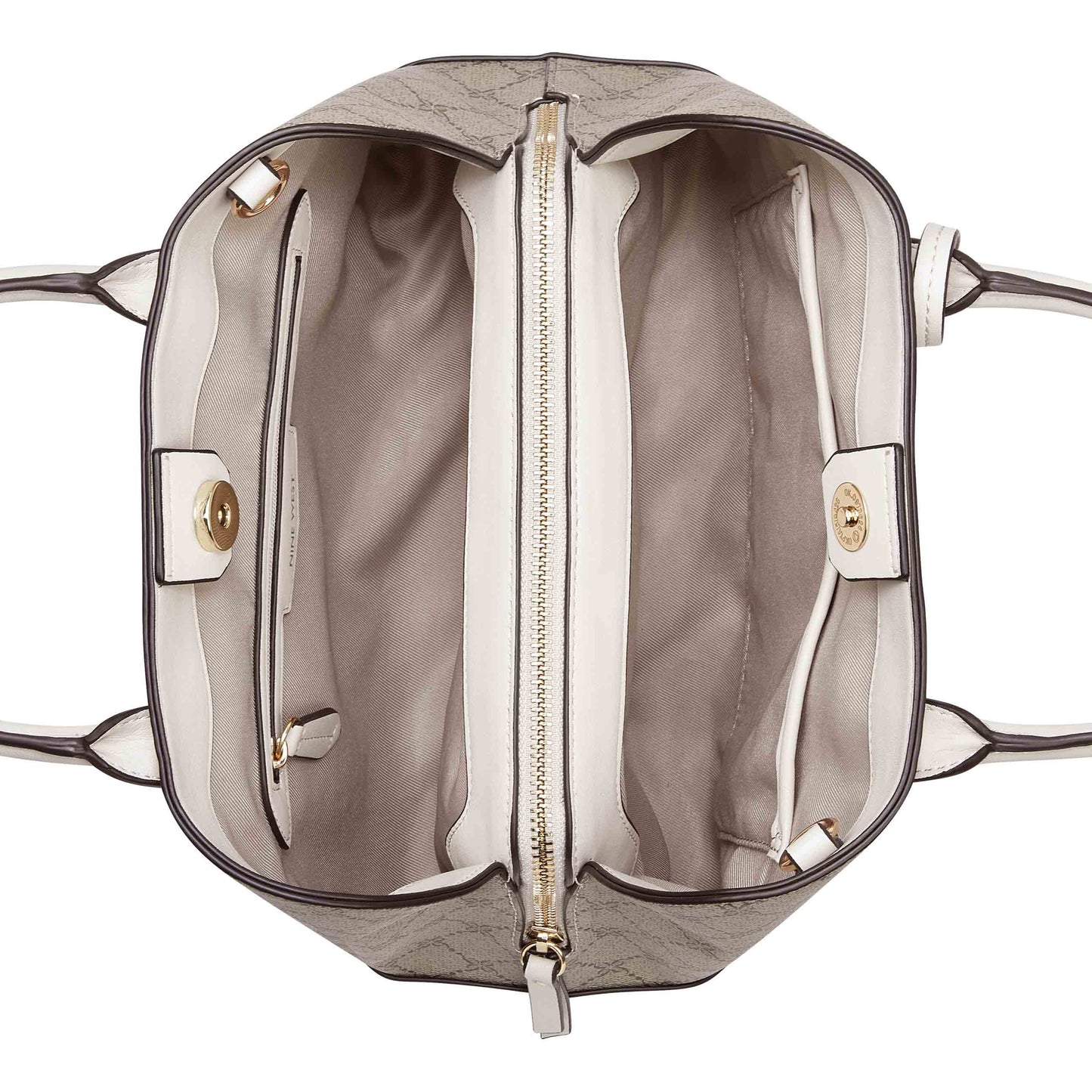 Open beige and white patterned handbag with two internal pockets.