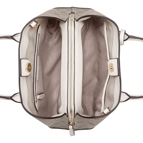Open beige and white patterned handbag with two internal pockets.