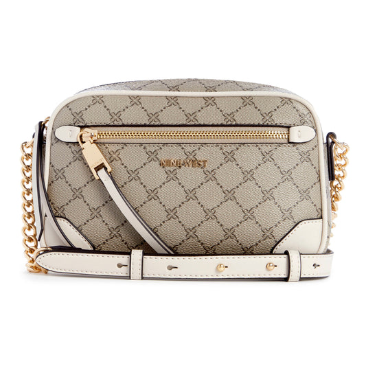 Beige purse with criss-cross pattern, white trim, gold-colored zipper, shoulder strap and chain.
