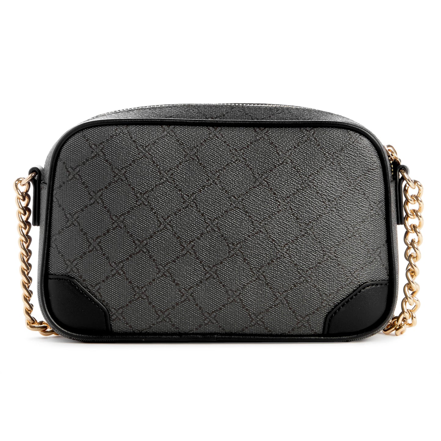 Gray crossbody bag with black accents and gold chain strap.