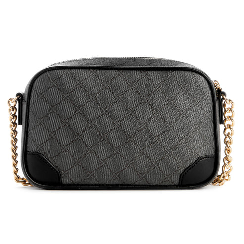 Gray crossbody bag with black accents and gold chain strap.